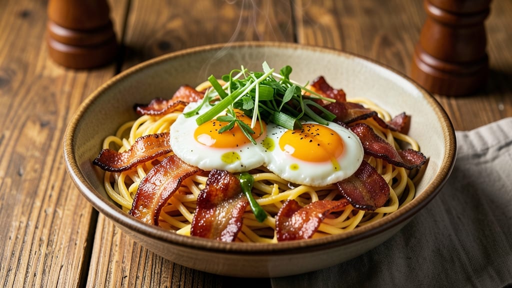 Bacon and Egg Noodle Recipe: Crispy Bacon Bites with Silky Poached Eggs