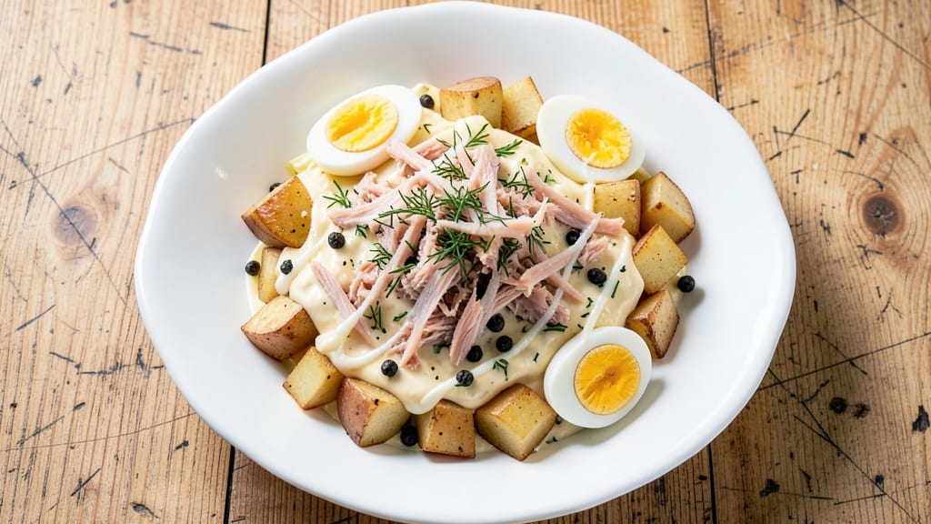 Tuna Egg Potato Salad Recipe: Crispy Potatoes and Silky Egg Ribbons