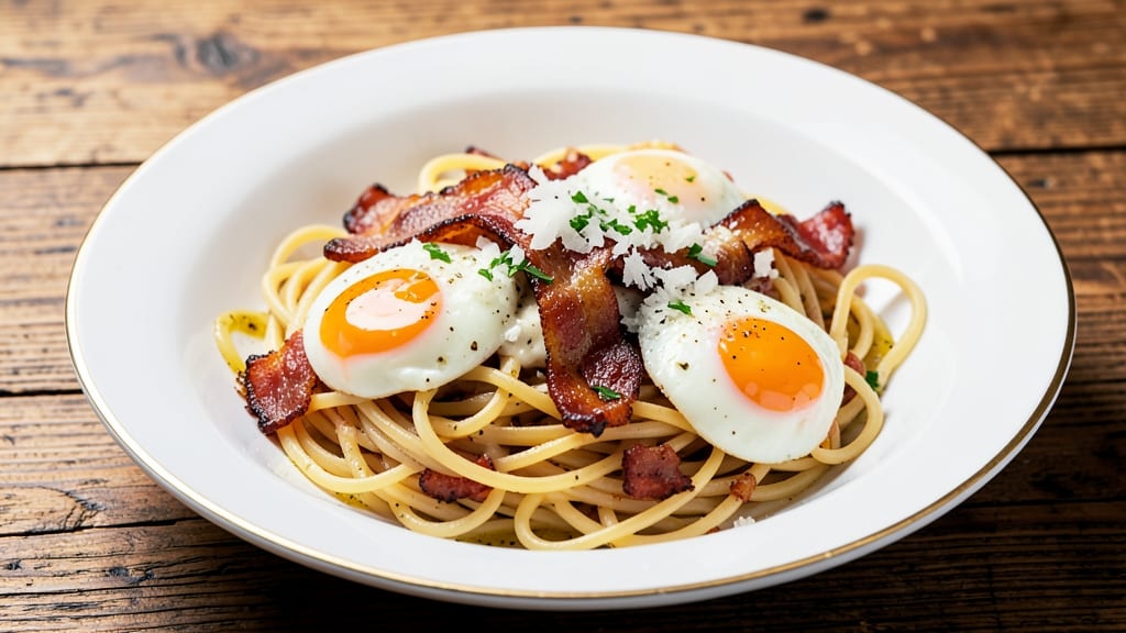 Bacon and Egg Spaghetti Recipe: Crispy Bacon Bites and Silky Poached Eggs