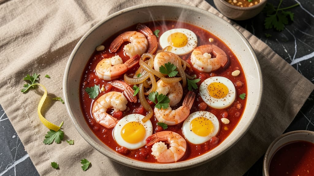 Shrimp and Egg Stew Recipe: Silky Egg Ribbons in Spiced Tomato Broth