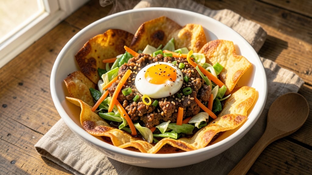 Top Rated Egg Roll in a Bowl Recipe: Crispy Tortilla Cups With Smoky Soy-Ginger Yolk Magic